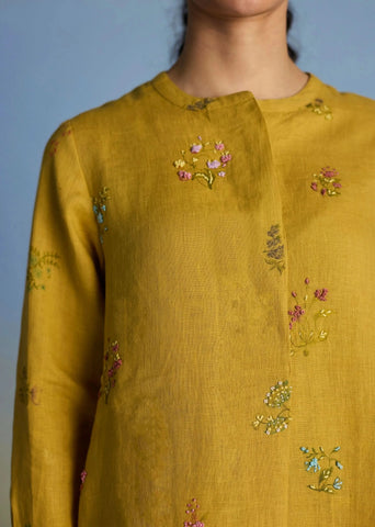 Anya Hand-Embroidered Floral Linen Co-Ord Set-Ochre
