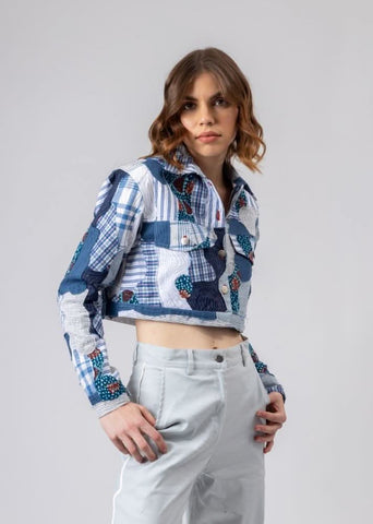 A Model Wearing Blue Upcycled Cotton June Patchwork Jacket, curated by Only Ethikal