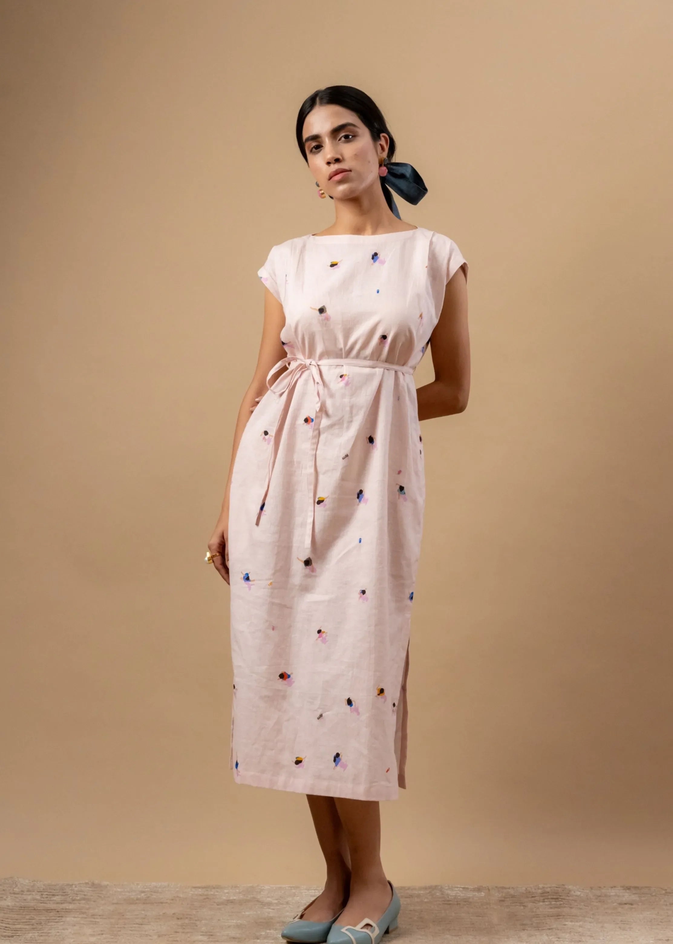 A Model Wearing Pink Linen  Erna Printed Dress, curated by Only Ethikal
