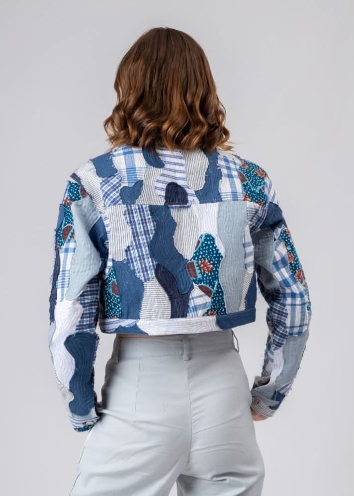 A Model Wearing Blue Upcycled Cotton June Patchwork Jacket, curated by Only Ethikal