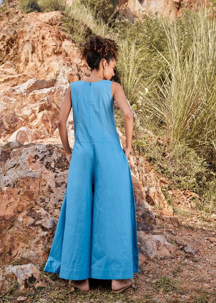 A Model Wearing Blue Pure Cotton Whisper Of AirJumpsuit,curated by Only Ethikal