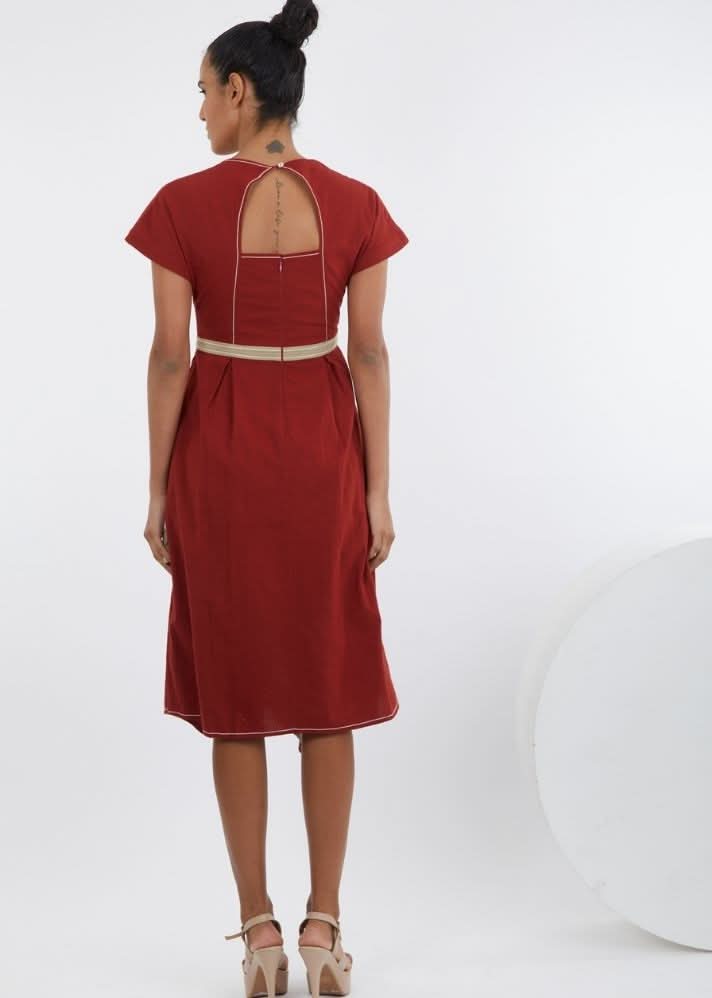 A Model Wearing Red Pure Cotton Sumi Madder Red Midi Dress, curated by Only Ethikal