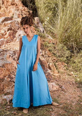 A Model Wearing Blue Pure Cotton Whisper Of AirJumpsuit,curated by Only Ethikal