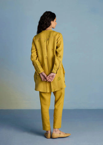 Anya Hand-Embroidered Floral Linen Co-Ord Set-Ochre