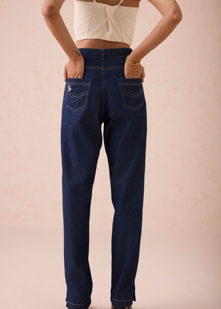 A Model Wearing Blue Denim The Classic Straight Sustainable Denim Jeans, curated by Only Ethikal