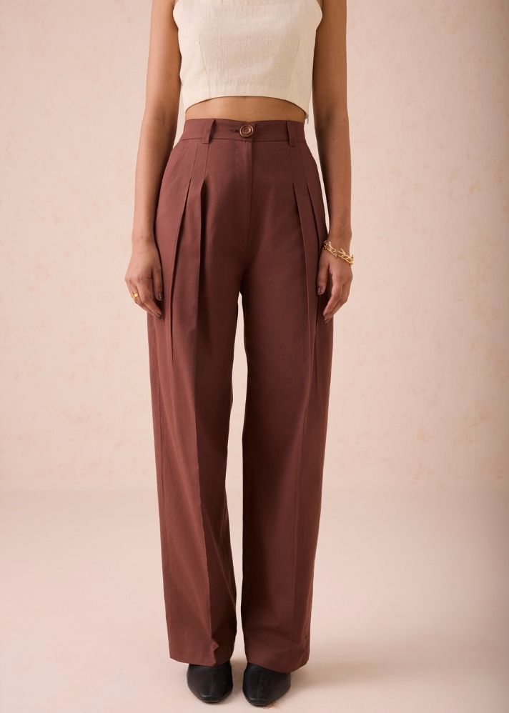 A Model Wearing Brown Cotton Twill The Bright Beginnings Organic Cotton Trousers, curated by Only Ethikal