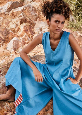 A Model Wearing Blue Pure Cotton Whisper Of AirJumpsuit,curated by Only Ethikal