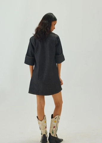 Denim V-Neck Collar A-Line Mini Dress