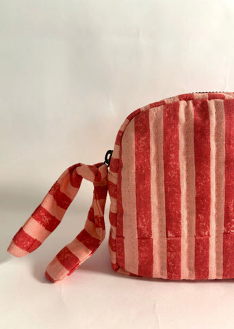 Sustainable Quilted Cotton Travel Pouch- Organizer- Pink & Red Stripes