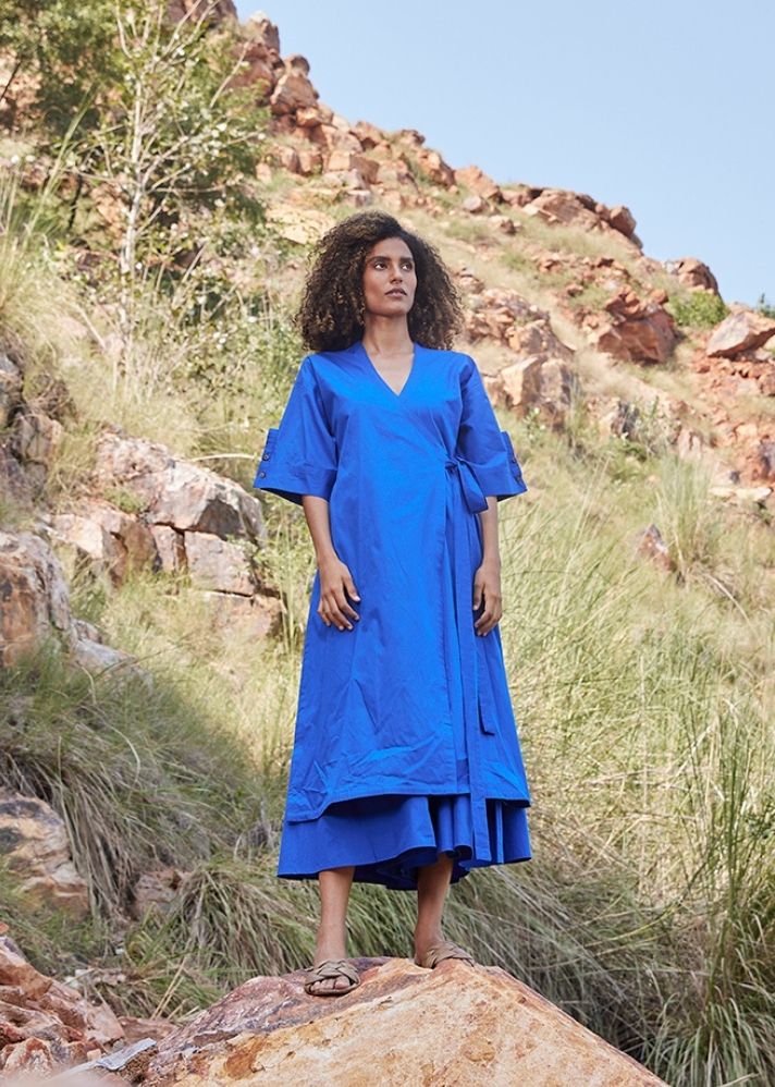 A Model Wearing Blue Pure Cotton Azure's Mist Co-ord Set,curated by Only Ethikal