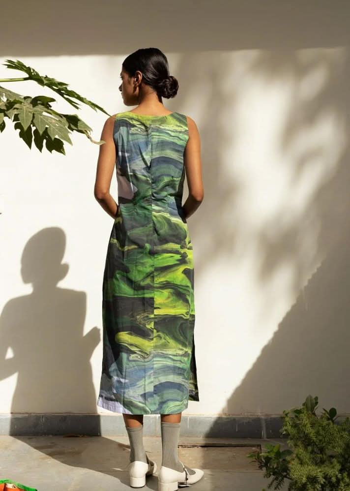 A Model Wearing Multicolor Upcycled Cotton Sarah Printed Dress, curated by Only Ethikal