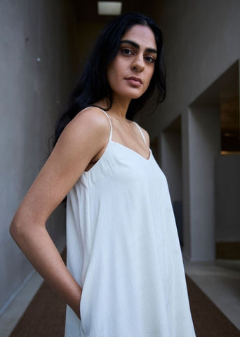 A Model Wearing Multicolor Handwoven Cotton Jane Handwoven Striped Maxi Dress , curated by Only Ethikal