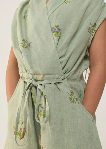 Kids Mema Shawl Printed Collar Linen Dress- Mint
