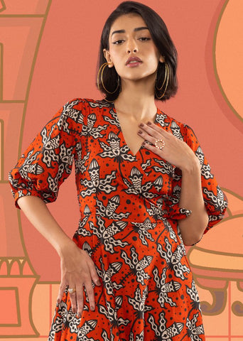 A Model Wearing Red Cotton Suzy Wrap Dress, curated by Only Ethikal