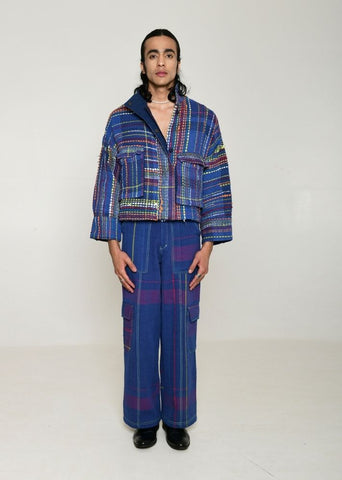 A Model Wearing Multicolor Handwoven Cotton Recycle Indigo Fujita Jacket, curated by Only Ethikal