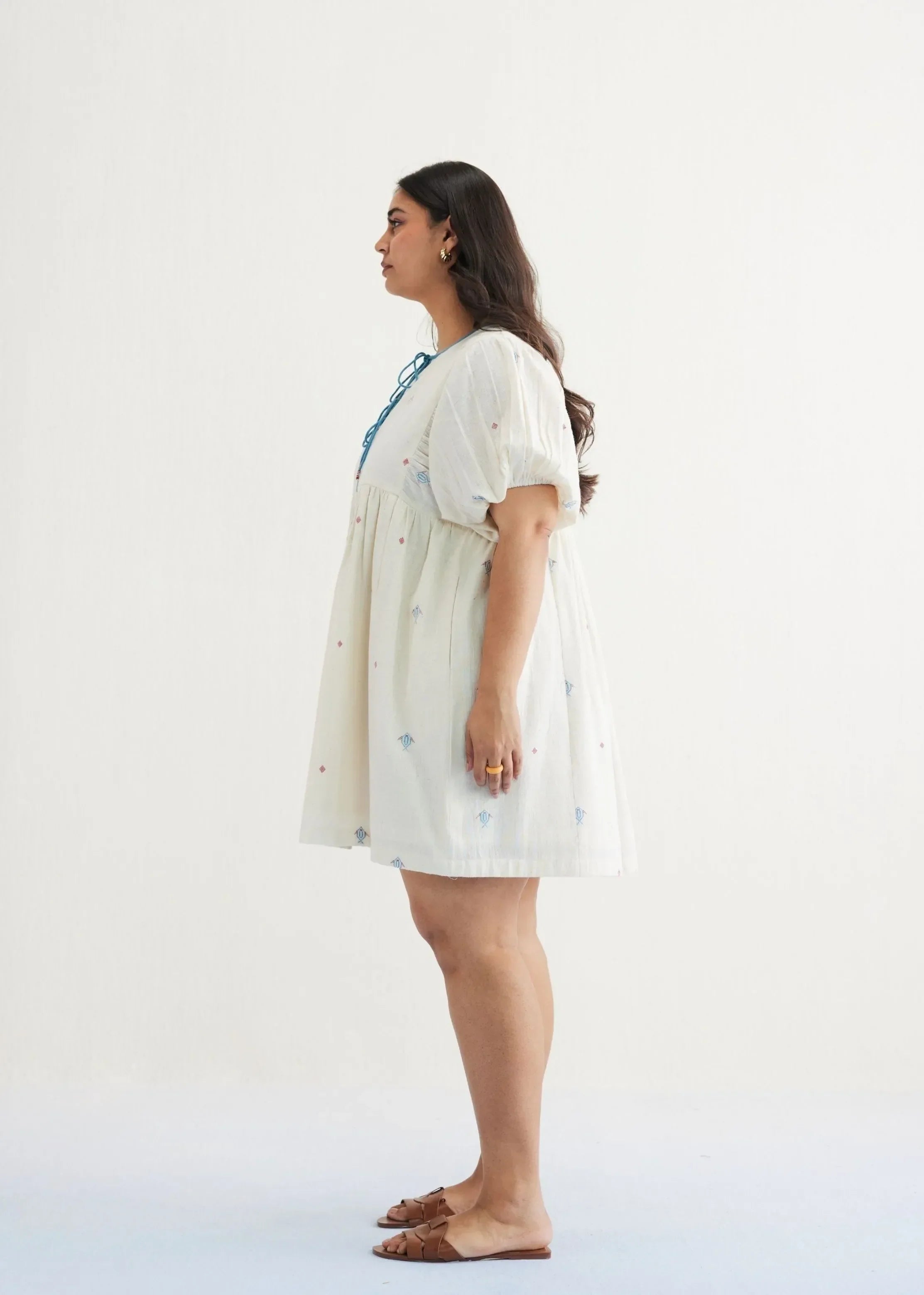 A Model Wearing Off White Handwoven Cotton Swim Free Kala Cotton Off-White Dress, curated by Only Ethikal