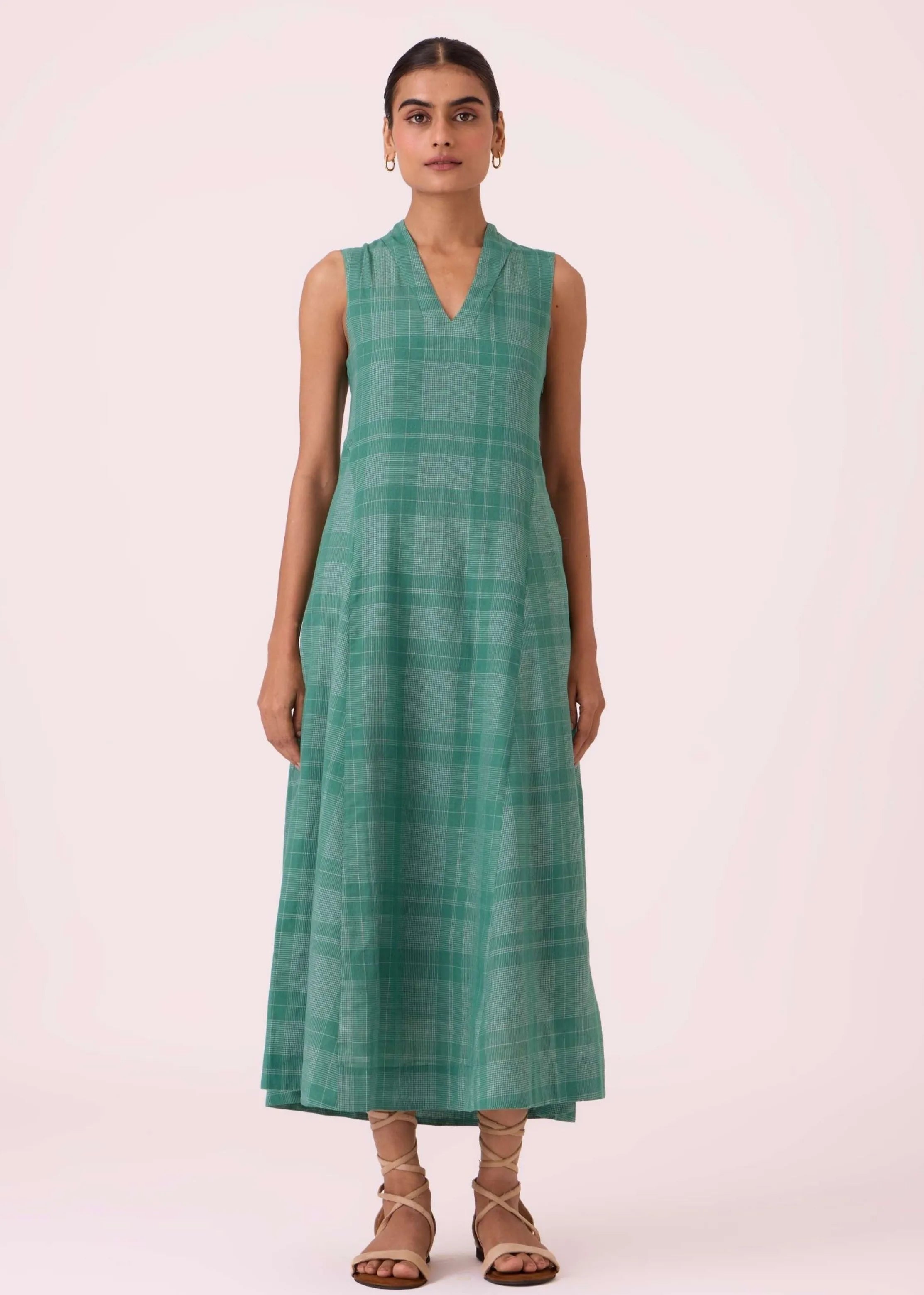 A Model Wearing Green Handwoven Cotton Orwell Green Handwoven Dress, curated by Only Ethikal