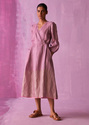 A Model Wearing Lavender Linen Zaina Metallic Wrap Dress- Lavender, curated by Only Ethikal