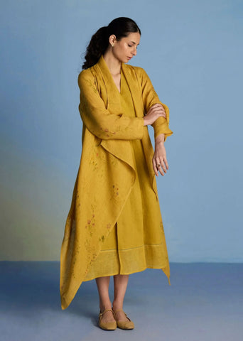 Ita Pleated Linen Dress And Overlay-Ochre