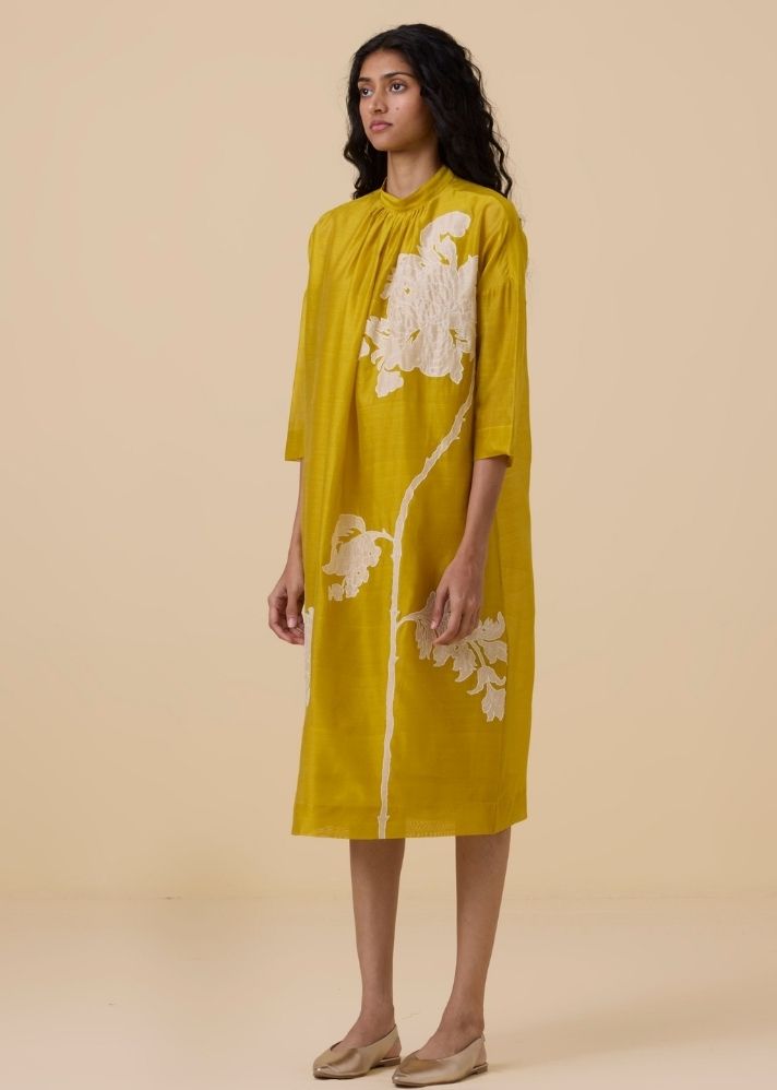 A Model Wearing Yellow Handwoven Cotton Aira Yellow Handwoven Embroidered Dress , curated by Only Ethikal