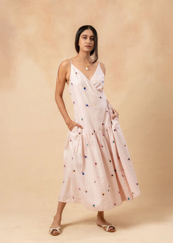 A Model Wearing Pink Linen  Crayon Wrap Dress, curated by Only Ethikal