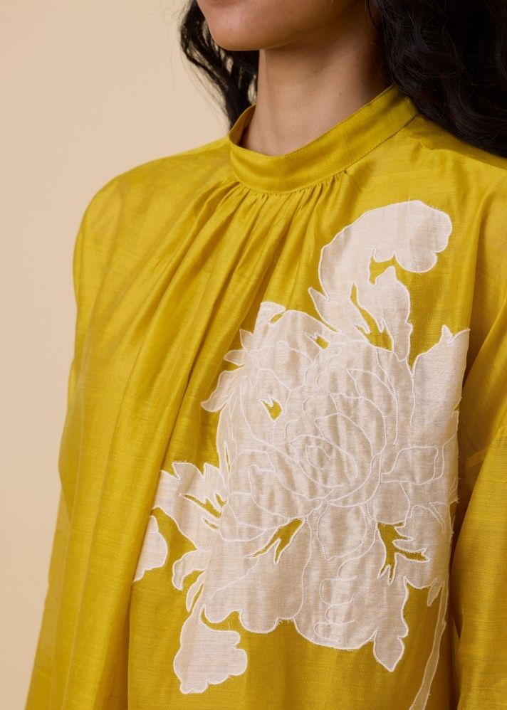 A Model Wearing Yellow Handwoven Cotton Aira Yellow Handwoven Embroidered Dress , curated by Only Ethikal