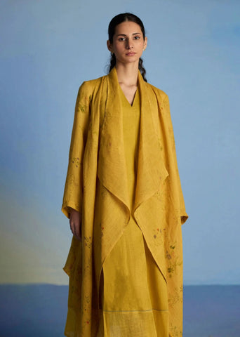 Ita Pleated Linen Dress And Overlay-Ochre