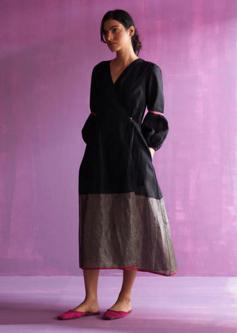 A Model Wearing Black Linen Zaina Metallic Wrap Dress- Black, curated by Only Ethikal