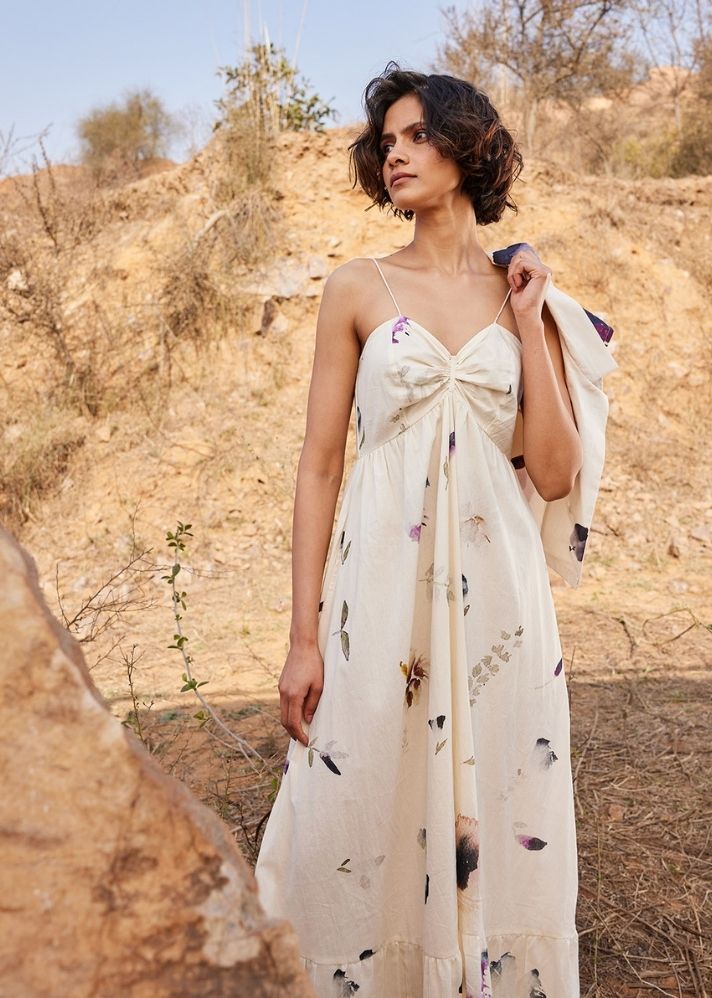 A Model Wearing White Cotton Mul Rain forest curated by Only Ethikal