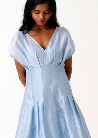 A Model Wearing Blue Handloom Cotton Bree Dress, curated by Only Ethikal