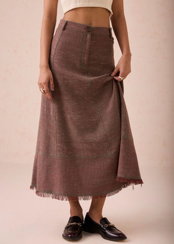 A Model Wearing Brown Handwoven Cotton The Hazel Sun Handspun Handwoven Organic Cotton Midi Skirt, curated by Only Ethikal