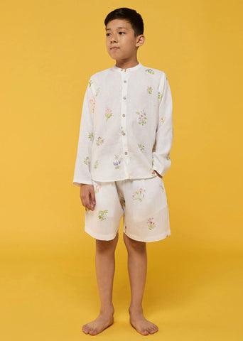 A Model Wearing White Linen Kids Akio Floral Linen Shirt- White, curated by Only Ethikal