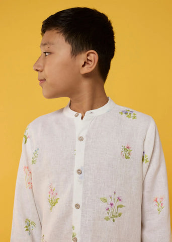 Kids Akio Floral Linen Shirt- White
