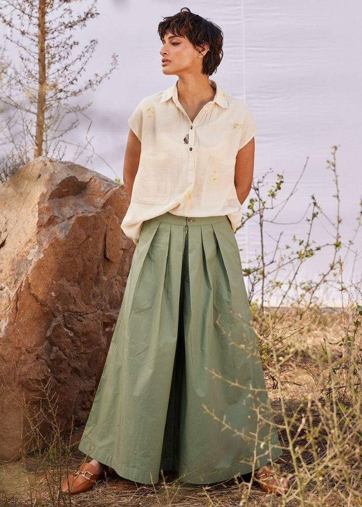 A Model Wearing Green Cotton Mul Sage flare curated by Only Ethikal