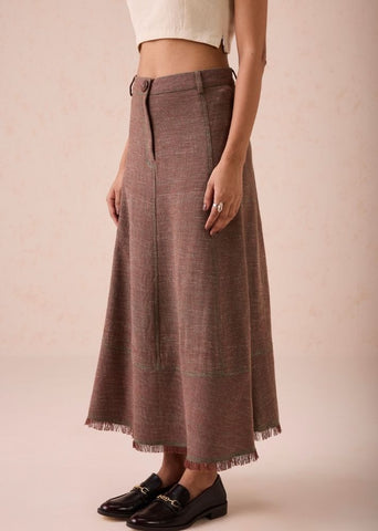 A Model Wearing Brown Handwoven Cotton The Hazel Sun Handspun Handwoven Organic Cotton Midi Skirt, curated by Only Ethikal