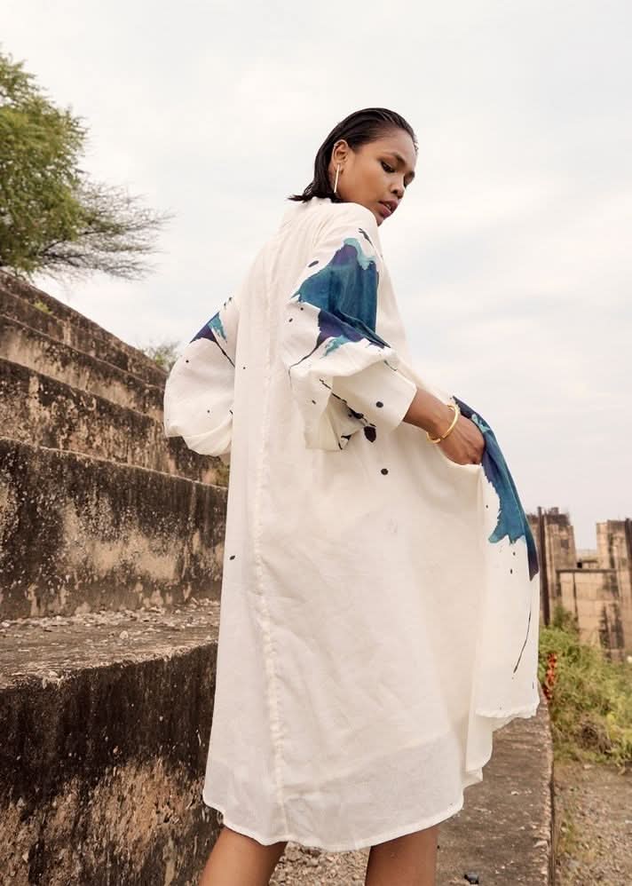 A Model Wearing Multicolor,Pure Cotton Blue Herring Co-ord Set,curated by Only Ethikal
