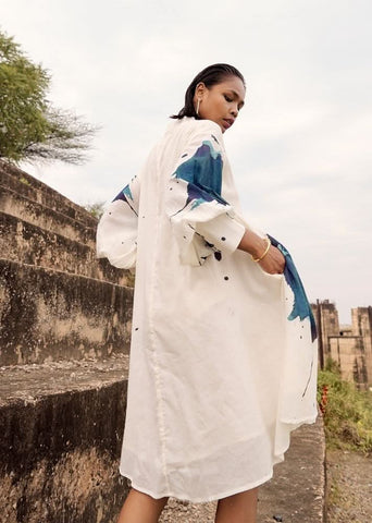 A Model Wearing Multicolor,Pure Cotton Blue Herring Co-ord Set,curated by Only Ethikal