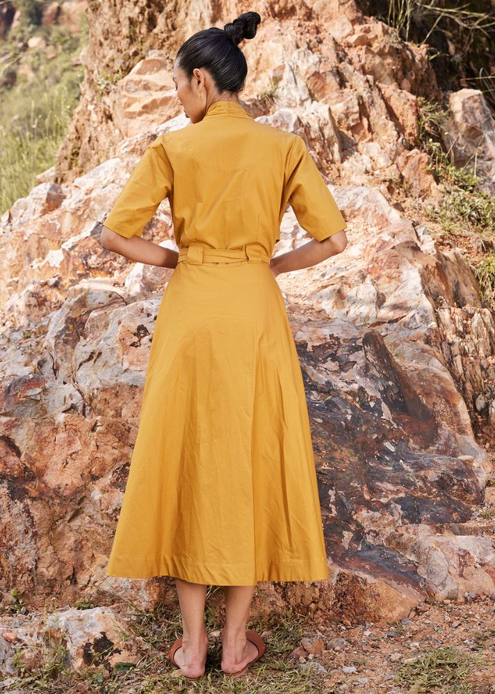 A Model Wearing Yellow Pure Cotton Those Days Midi Dress curated by Only Ethikal