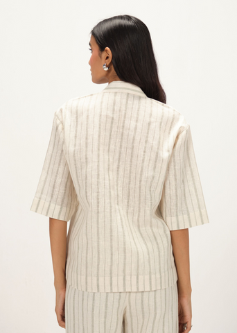 Off-White & Green Linen Striped Collar Neck Top & Pant Co-Ord Set