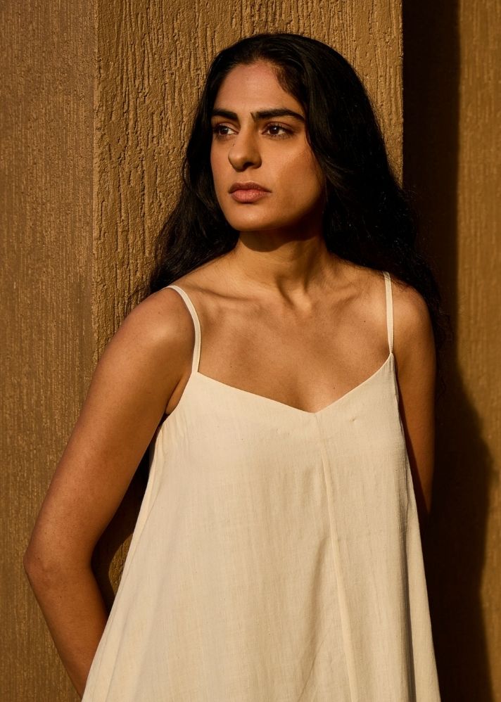 A Model Wearing Multicolor Handwoven Cotton Jane Handwoven Striped Maxi Dress , curated by Only Ethikal