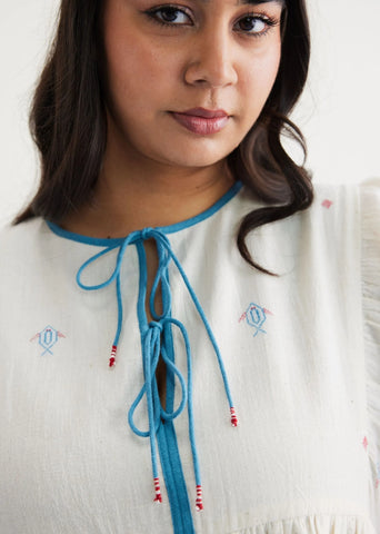 A Model Wearing Off White Handwoven Cotton Swim Free Kala Cotton Off-White Dress, curated by Only Ethikal
