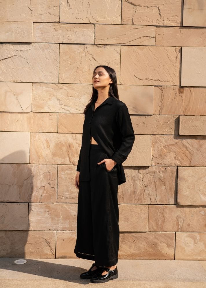 A Model Wearing Black Wool Black Mahoniacoord Set , curated by Only Ethikal