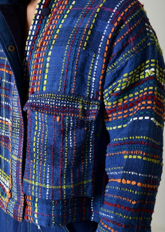 A Model Wearing Multicolor Handwoven Cotton Recycle Indigo Fujita Jacket, curated by Only Ethikal