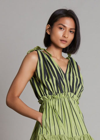 A Model Wearing  Green Pure Cotton Lakeerein Green Frill Dress, curated by Only Ethikal