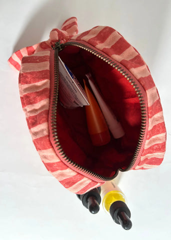 Sustainable Quilted Cotton Travel Pouch- Organizer- Pink & Red Stripes