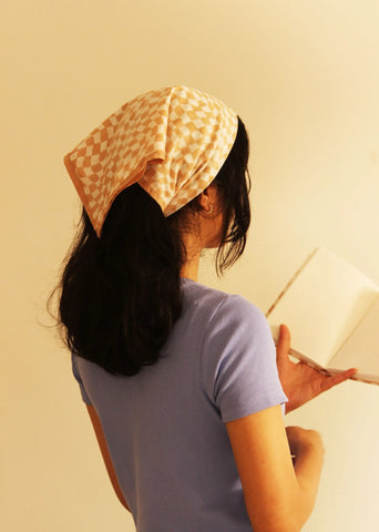 Mid-Modern White And Peach Cotton Square Scarf