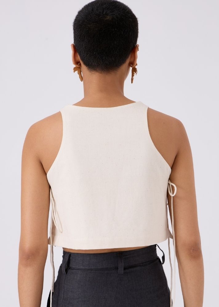 A Model Wearing White Handwoven Cotton Tia Cropped Handspun Khadi Tie Top, curated by Only Ethikal
