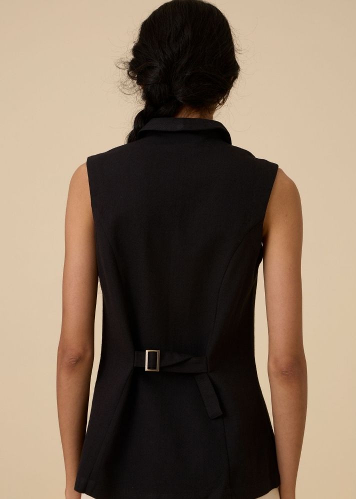 A Model Wearing Black Wool Cotton Maira Black Waistcoat , curated by Only Ethikal
