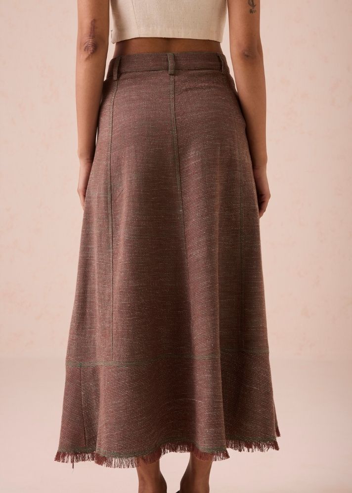 A Model Wearing Brown Handwoven Cotton The Hazel Sun Handspun Handwoven Organic Cotton Midi Skirt, curated by Only Ethikal