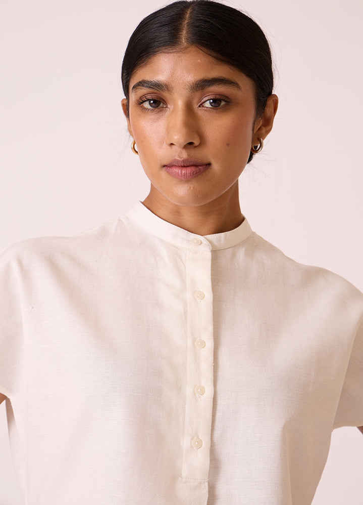 A Model Wearing White Handwoven Cotton Deok Handwoven Cotton Top, curated by Only Ethikal